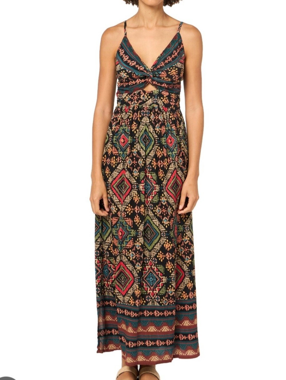 ANGIE Geometric Boho Maxi Dress Size M Cutout Front Smocked Back - Picture 2 of 12